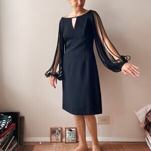 70s VTG Ribbon Sleeve Crepe Cocktail Dress KeyHole Neckline Bell Sleeve LBD